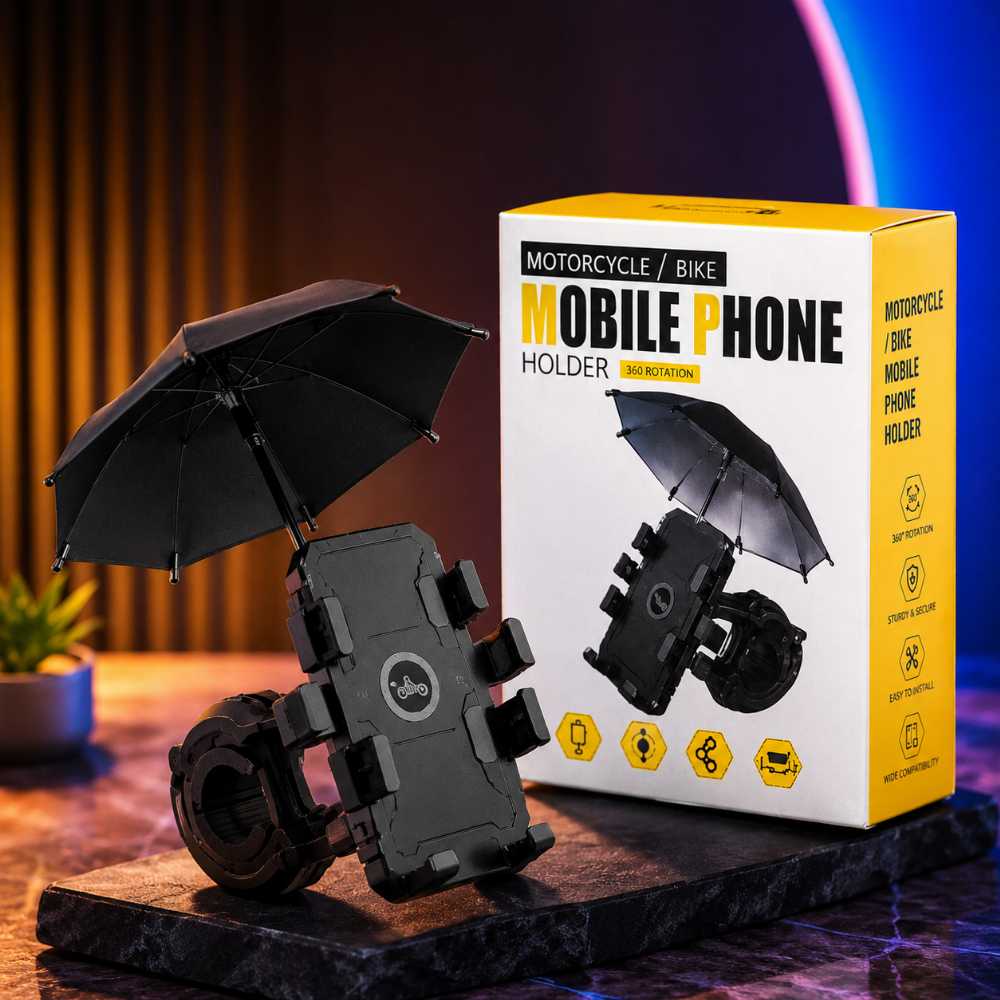 360° Motorcycle & Bike Mobile Phone Holder with Rain Umbrella | Universal Handlebar Phone Mount